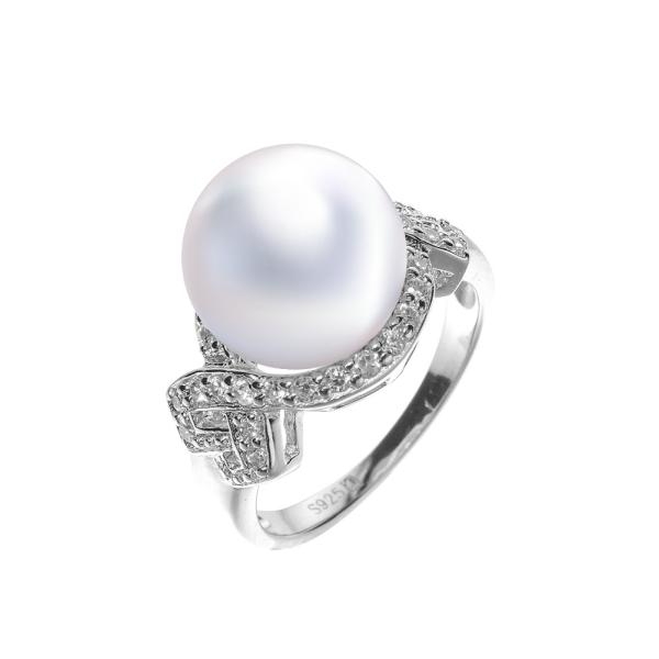 925银白珍珠蝴蝶结戒指