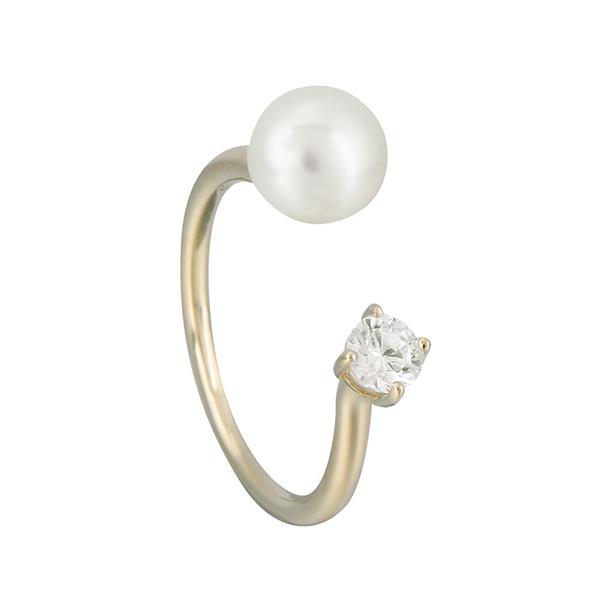 艾尔蒂纯银镀金戒指（珍珠/白色晶鑽）